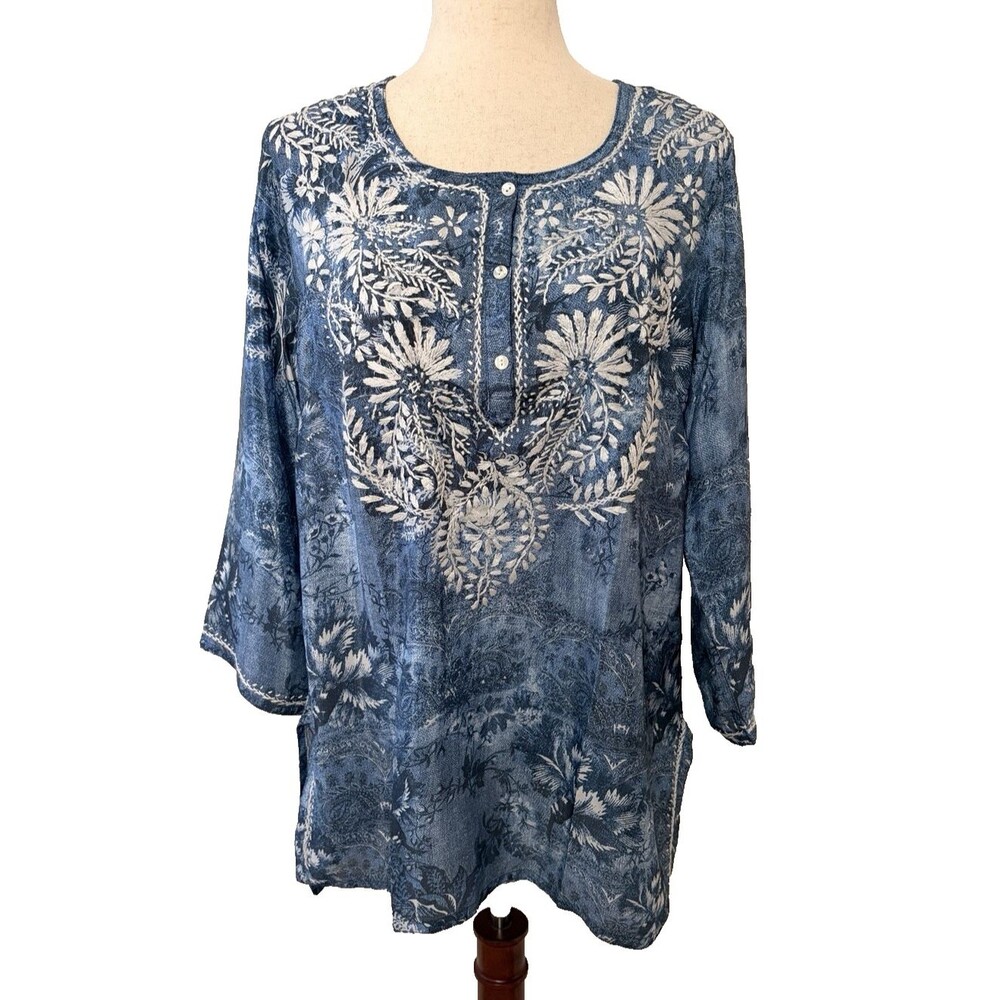 Soft Surroundings Womens Size M Silvia Blue Floral Boho Tunic Top Embroidered - Picture 2 of 9